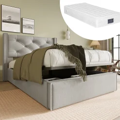 Lit coffre 90x200 cm - Lit simple capitonné avec sommier métallique - Bois massif + Métal - avec Matelas - Gris clair