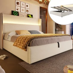 Lit Coffre 90x200 Cm - Lit Simple Moderne Avec Sommier Relevable Et Éclairage LED - Tissu Aspect Lin Beige