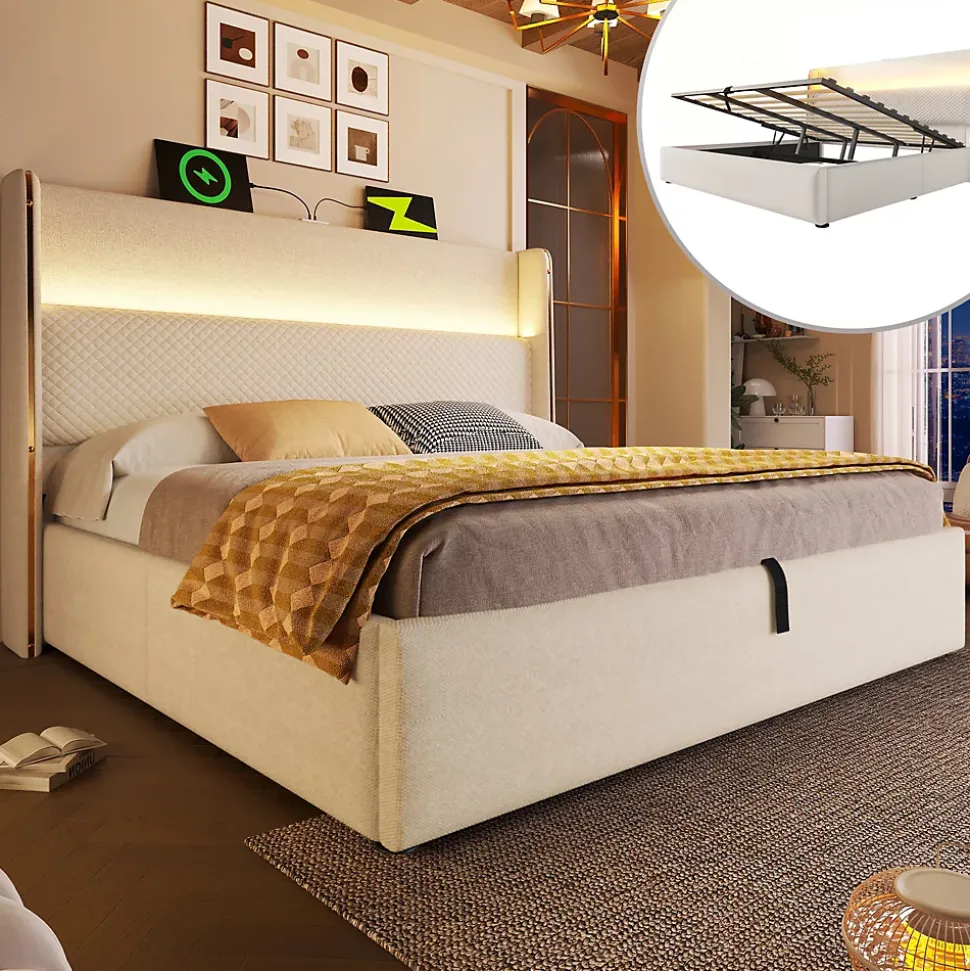 Lit Coffre 90x200 Cm - Lit Simple Moderne Avec Sommier Relevable Et Éclairage LED - Tissu Aspect Lin Beige