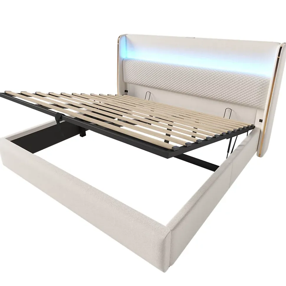 Lit Coffre 90x200 Cm - Lit Simple Moderne Avec Sommier Relevable Et Éclairage LED - Tissu Aspect Lin Beige
