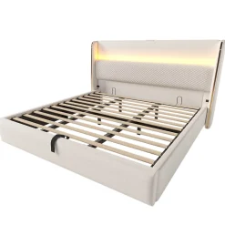 Lit Coffre 90x200 Cm - Lit Simple Moderne Avec Sommier Relevable Et Éclairage LED - Tissu Aspect Lin Beige