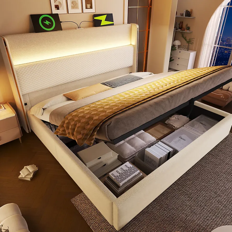 Lit Coffre 90x200 Cm - Lit Simple Moderne Avec Sommier Relevable Et Éclairage LED - Tissu Aspect Lin Beige