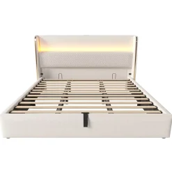 Lit Coffre 90x200 Cm - Lit Simple Moderne Avec Sommier Relevable Et Éclairage LED - Tissu Aspect Lin Beige