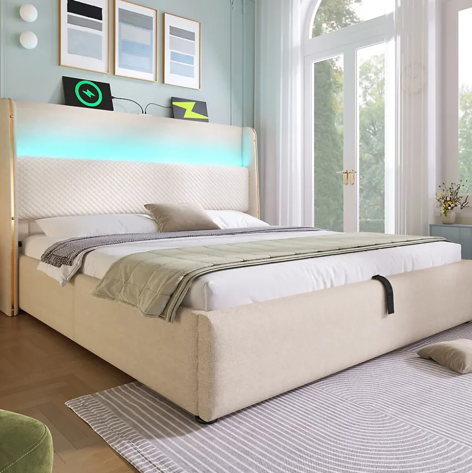 Lit Coffre 90x200 Cm - Lit Simple Moderne Avec Sommier Relevable Et Éclairage LED - Tissu Aspect Lin Beige