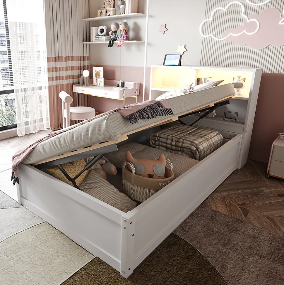 Lit Coffre 90x200 cm - Lit Simple avec Rangement, Tiroirs et Prises USB, Bois de Pin et MDF, Blanc - Sans Matelas