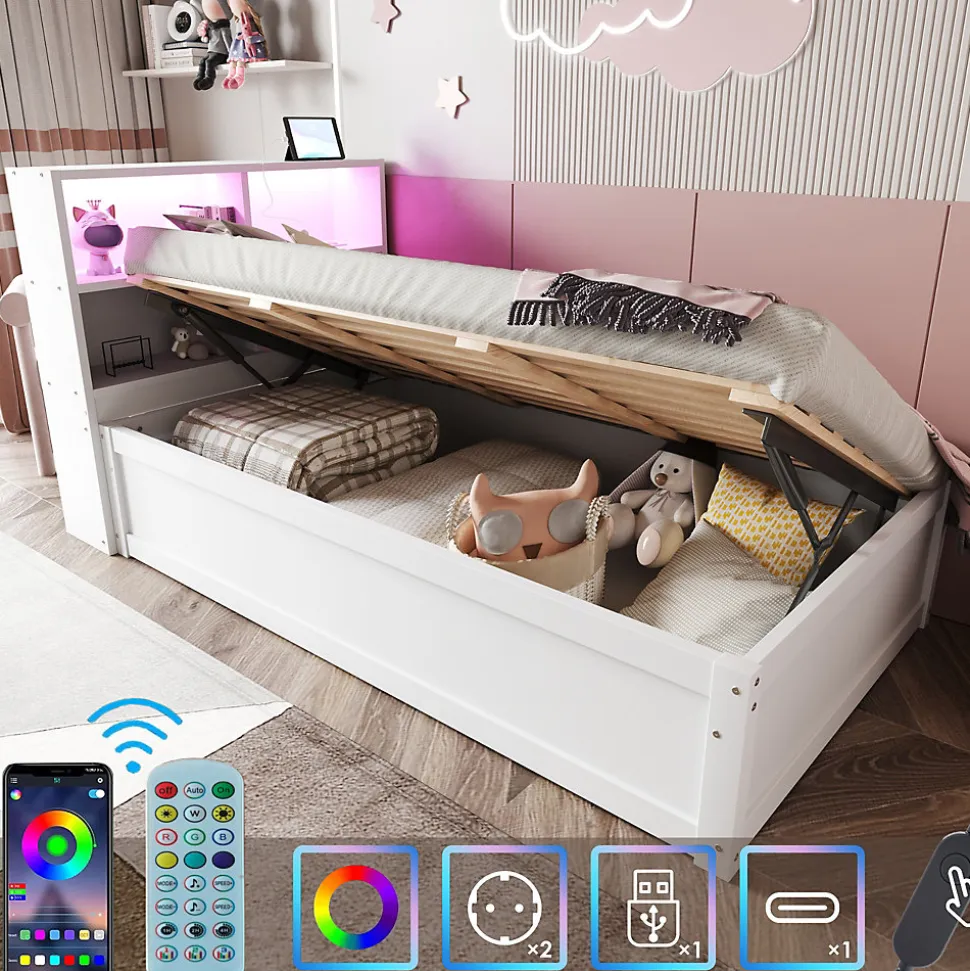 Lit Coffre 90x200 cm - Lit Simple avec Rangement, Tiroirs et Prises USB, Bois de Pin et MDF, Blanc - Sans Matelas