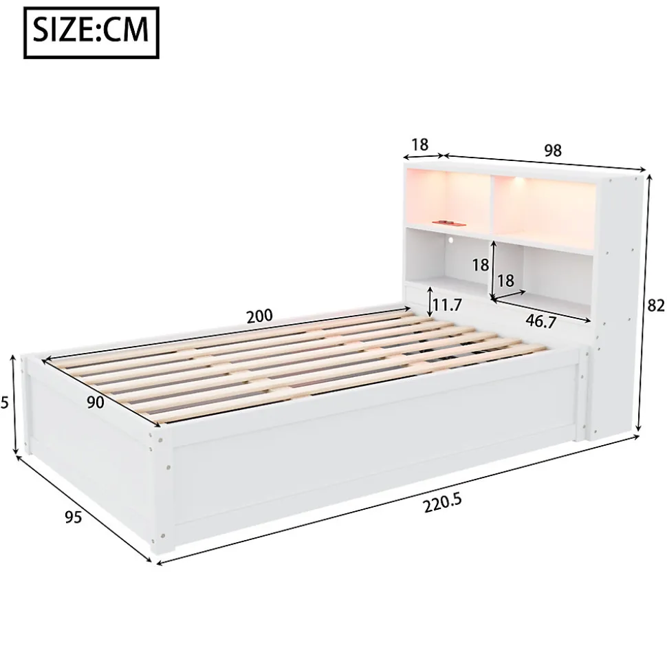 Lit Coffre 90x200 cm - Lit Simple avec Rangement, Tiroirs et Prises USB, Bois de Pin et MDF, Blanc - Sans Matelas