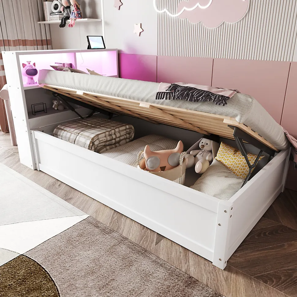 Lit Coffre 90x200 cm - Lit Simple avec Rangement, Tiroirs et Prises USB, Bois de Pin et MDF, Blanc - Sans Matelas