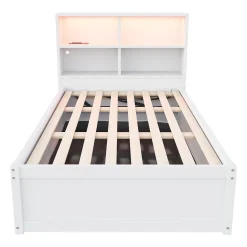 Lit Coffre 90x200 cm - Lit Simple avec Rangement, Tiroirs et Prises USB, Bois de Pin et MDF, Blanc - Sans Matelas