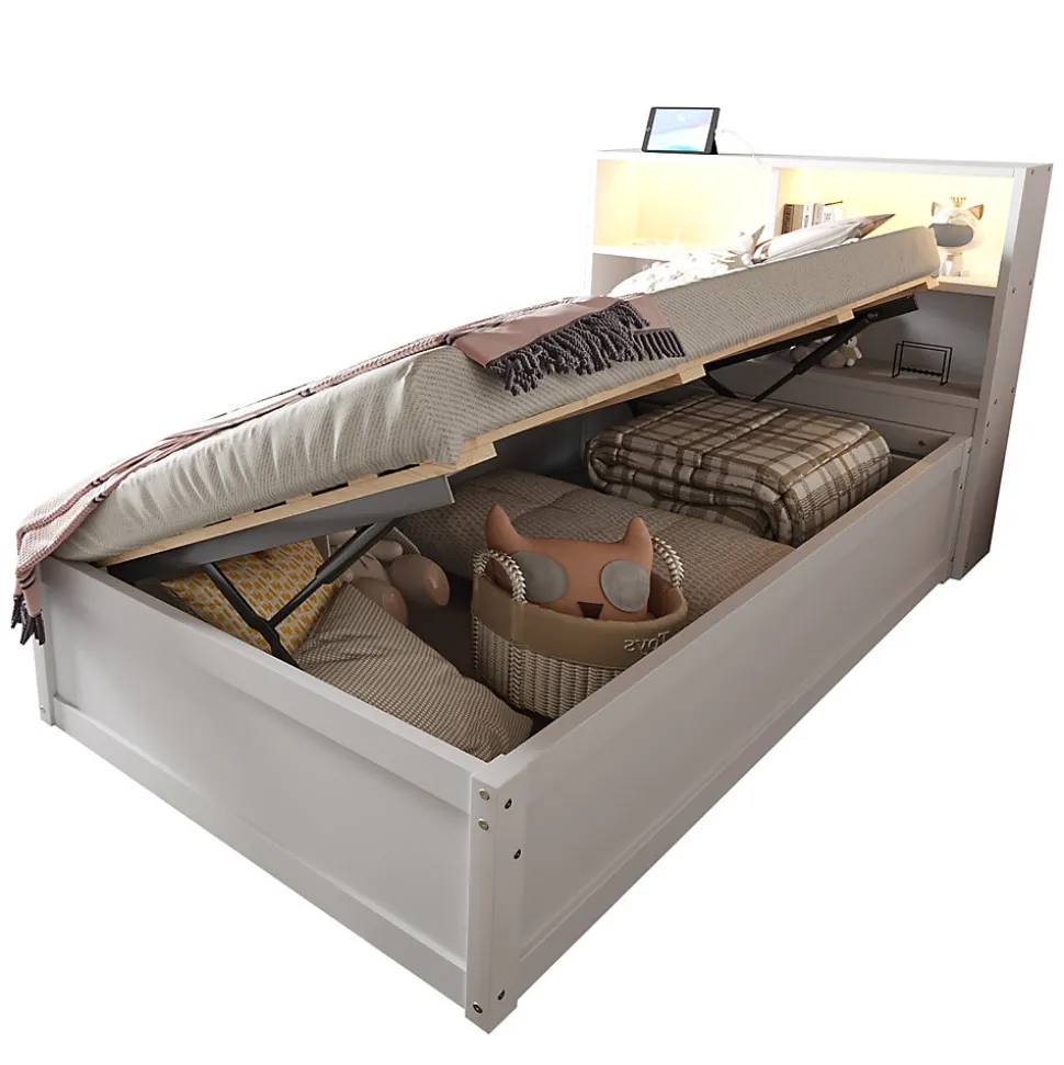 Lit Coffre 90x200 cm - Lit Simple avec Rangement, Tiroirs et Prises USB, Bois de Pin et MDF, Blanc - Sans Matelas