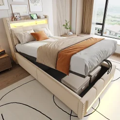 Lit Coffre 90x200 cm - Lit Simple avec Rangement, Éclairage LED Télécommandé et Prise USB, Sans Matelas, Beige