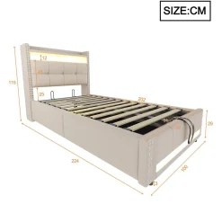 Lit Coffre 90x200 cm - Lit Simple avec Rangement, Éclairage LED Télécommandé et Prise USB, Sans Matelas, Beige