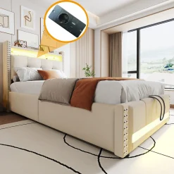 Lit Coffre 90x200 cm - Lit Simple avec Rangement, Éclairage LED Télécommandé et Prise USB, Sans Matelas, Beige