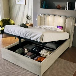 Lit Coffre 90x200 Cm - Lit Simple avec Ports USB et Lampe de Lecture - Lin - Sans Matelas - Beige