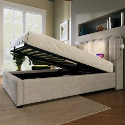 Lit Coffre 90x200 Cm - Lit Simple avec Ports USB et Lampe de Lecture - Lin - Sans Matelas - Beige