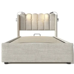 Lit Coffre 90x200 Cm - Lit Simple avec Ports USB et Lampe de Lecture - Lin - Sans Matelas - Beige