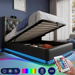 Lit coffre 90x200 cm - Lit simple rembourré avec USB Type-C et LED - PU - Sans Matelas - Noir