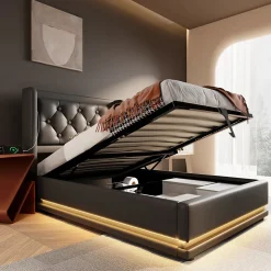 Lit coffre 90x200 cm - Lit simple rembourré avec USB Type-C et LED - PU - Sans Matelas - Noir