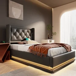 Lit coffre 90x200 cm - Lit simple rembourré avec USB Type-C et LED - PU - Sans Matelas - Noir