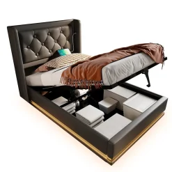 Lit coffre 90x200 cm - Lit simple rembourré avec USB Type-C et LED - PU - Sans Matelas - Noir