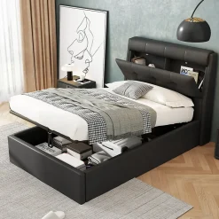 Lit Coffre 90x200 cm - Lit Simple Capitonné avec Tête de Lit et Rangement Caché - PU - Sans Matelas - Noir