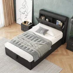 Lit Coffre 90x200 cm - Lit Simple Capitonné avec Tête de Lit et Rangement Caché - PU - Sans Matelas - Noir