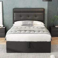 Lit Coffre 90x200 cm - Lit Simple Capitonné avec Tête de Lit et Rangement Caché - PU - Sans Matelas - Noir