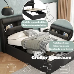 Lit Coffre 90x200 cm - Lit Simple Capitonné avec Tête de Lit et Rangement Caché - PU - Sans Matelas - Noir