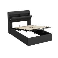 Lit Coffre 90x200 cm - Lit Simple Capitonné avec Tête de Lit et Rangement Caché - PU - Sans Matelas - Noir