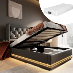 Lit coffre 90x200 cm - Lit simple rembourré avec USB Type-C et LED - PU - Matelas Inclus - Noir