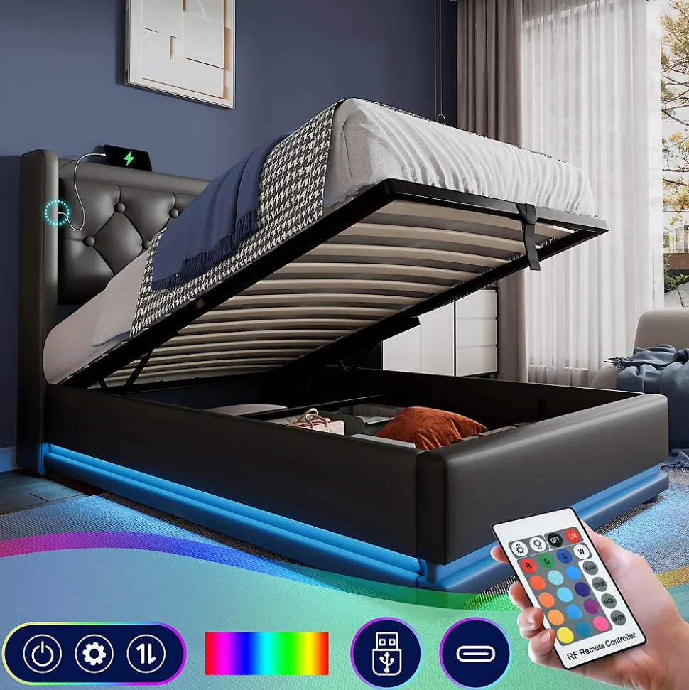 Lit coffre 90x200 cm - Lit simple rembourré avec USB Type-C et LED - PU - Matelas Inclus - Noir