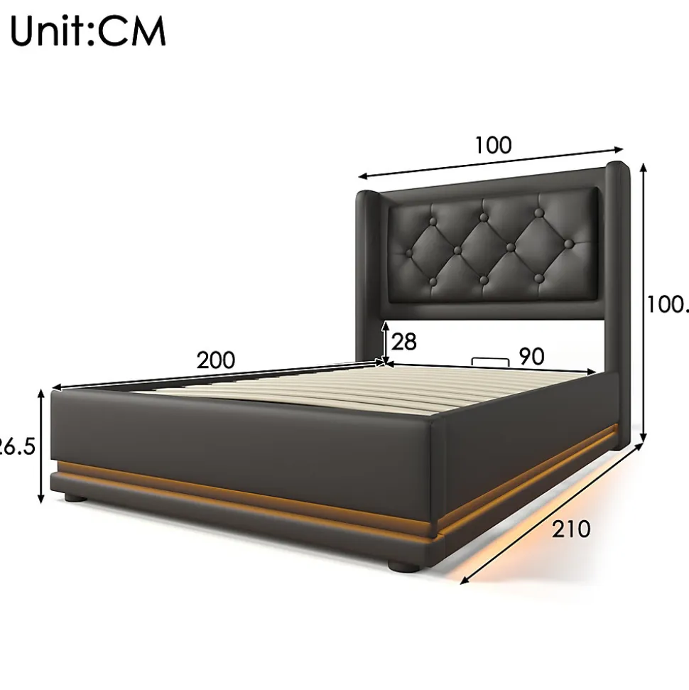 Lit coffre 90x200 cm - Lit simple rembourré avec USB Type-C et LED - PU - Matelas Inclus - Noir