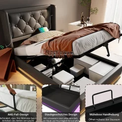 Lit coffre 90x200 cm - Lit simple rembourré avec USB Type-C et LED - PU - Matelas Inclus - Noir