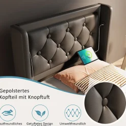 Lit coffre 90x200 cm - Lit simple rembourré avec USB Type-C et LED - PU - Matelas Inclus - Noir