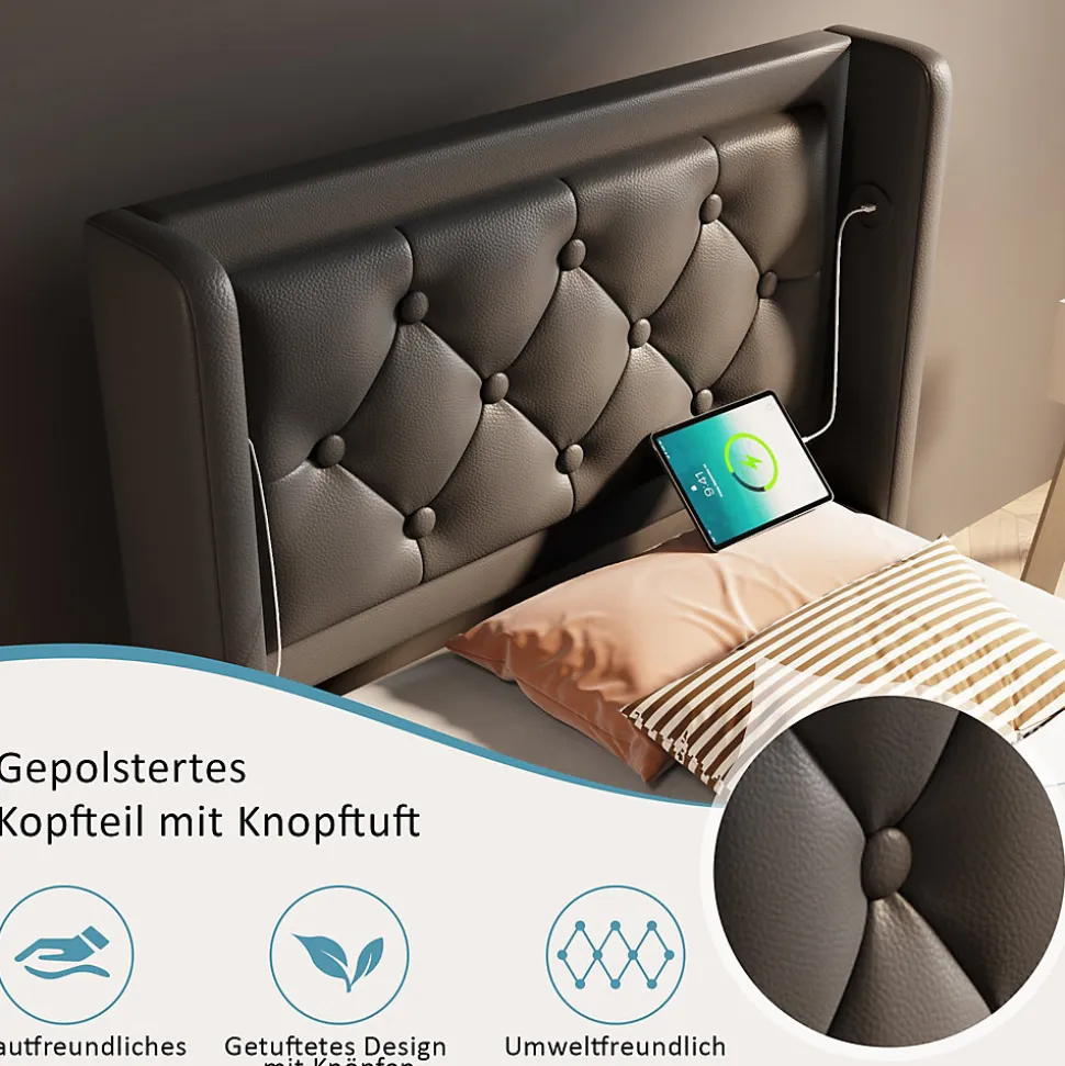 Lit coffre 90x200 cm - Lit simple rembourré avec USB Type-C et LED - PU - Matelas Inclus - Noir