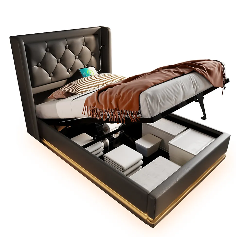 Lit coffre 90x200 cm - Lit simple rembourré avec USB Type-C et LED - PU - Matelas Inclus - Noir