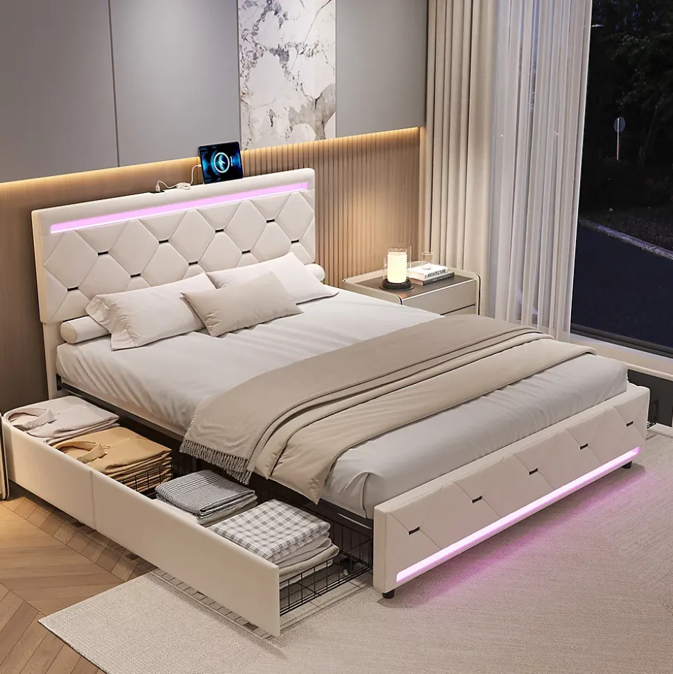 Lit Coffre 140x190 cm, 4 tiroirs, LED, USB, Velours, Beige
