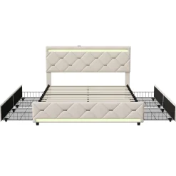 Lit Coffre 140x190 cm, 4 tiroirs, LED, USB, Velours, Beige
