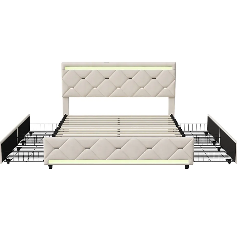 Lit Coffre 140x190 cm, 4 tiroirs, LED, USB, Velours, Beige