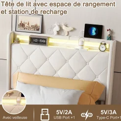 Lit Coffre 90x200 cm avec éclairage LED et Charge USB, Lit simple Rembourré avec 2 tiroirs, Sommier à Lattes, Velours, Beige