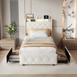 Lit Coffre 90x200 cm avec éclairage LED et Charge USB, Lit simple Rembourré avec 2 tiroirs, Sommier à Lattes, Velours, Beige