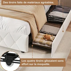 Lit Coffre 90x200 cm avec éclairage LED et Charge USB, Lit simple Rembourré avec 2 tiroirs, Sommier à Lattes, Velours, Beige