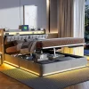 Lit Coffre 140x190 cm avec éclairage LED et Charge USB, Lit Double avec Rangement, Sommier à Lattes, Velours, Gris