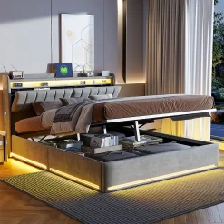 Lit Coffre 140x190 cm avec éclairage LED et Charge USB, Lit Double avec Rangement, Sommier à Lattes, Velours, Gris