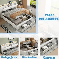 Lit coffre 140x200 cm avec LED, sommier à lattes, USB Type-C, capitonné velours blanc