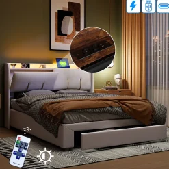 Lit coffre 140x200 cm avec LED, sommier à lattes, USB Type-C, capitonné velours blanc