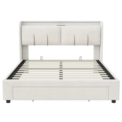 Lit coffre 140x200 cm avec LED, sommier à lattes, USB Type-C, capitonné velours blanc