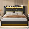 Lit Coffre 140x200 cm, avec LED et USB, Lit Double Rembourre, avec Rangement, Tete de Lit, PU, Noir