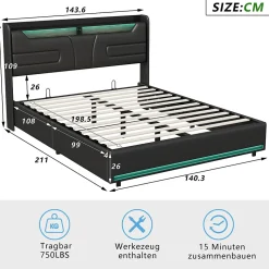 Lit Coffre 140x200 cm, avec LED et USB, Lit Double Rembourre, avec Rangement, Tete de Lit, PU, Noir