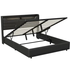 Lit Coffre 140x200 cm, avec LED et USB, Lit Double Rembourre, avec Rangement, Tete de Lit, PU, Noir